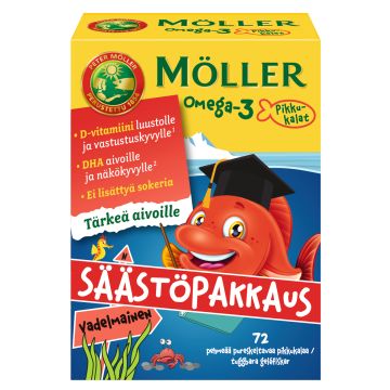 MÖLLER OMEGA-3 PIKKUKALAT SÄÄSTÖPAKKAUS VADELMAINEN 72 KPL