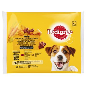 PEDIGREE ADULT KASTIKELAJ. 4X100G KANA-KASVIS/HÄRKÄ-MAKSA 400 G