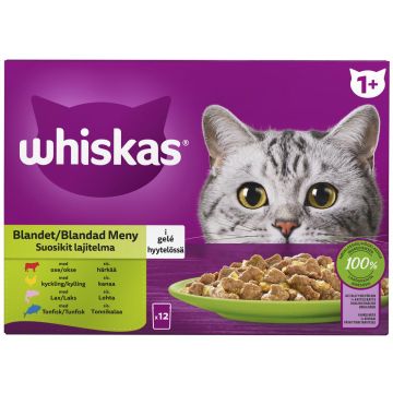 WHISKAS 1+ SUOSIKIT LAJITELMA HYYTELÖSSÄ 12*85G 1,02 KG