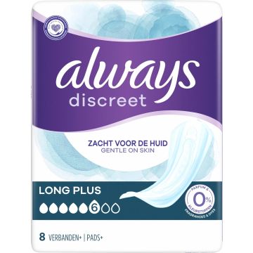 ALWAYS DISCREET INKONTINENSSISUOJA LONG PLUS 0% VÄRIAINEITA JA 8 KPL