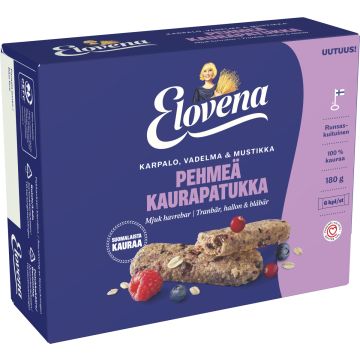 ELOVENA KARPALO-VADELMA-MUSTIKKA PEHMEÄ KAURAPATUKKA 6X30G 180 G