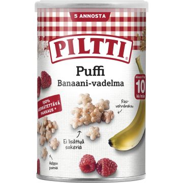 PILTTI PUFFI BANAANIN JA VADELMAN MAKUISIA RIISI- JA VEHNÄNAKSU 35 G