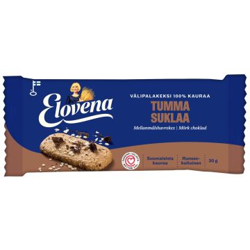 ELOVENA TUMMA SUKLAA VÄLIPALAKEKSI 100% KAURAA 30 G