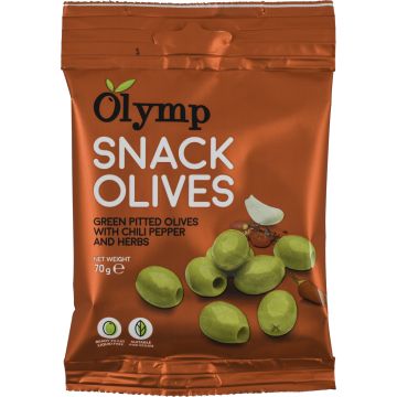 OLYMP CHILI-YRTTIMARINOITU VIHREÄ OLIIVI SNACK KIVETÖN 70 G