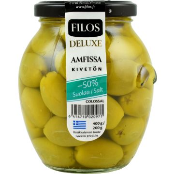 FILOS DELUXE VIHREÄ OLIIVI KIVETÖN -50%SUOLAA 400/200G 200 G