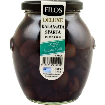 FILOS DELUXE KALAMATA OLIIVI KIVETÖN -50%SUOLAA 400/210G 210 G