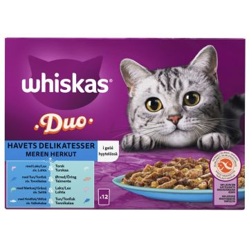 WHISKAS 1+ DUO MEREN HERKUT HYYTELÖSSÄ 12*85G 1,02 KG